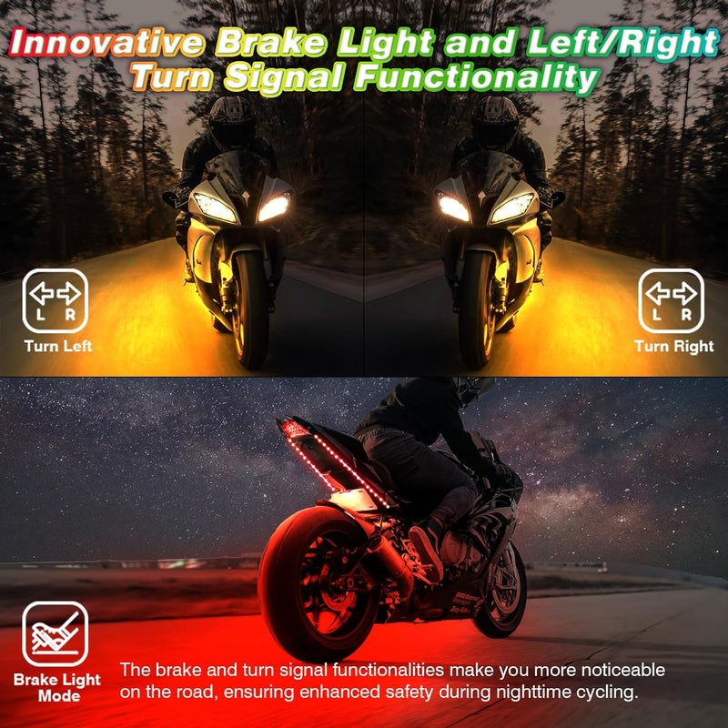 ZONECONA 8PCS Chasing Dreamcolor Motorcycle LED Lights Kit with/APP/RF Remote Brake Turn Signal,RGB+IC Motorcycle underglow LED Strip Lights 12v Waterproof Music Mode Multicolor for Harley Honda Yamaha - Image 4